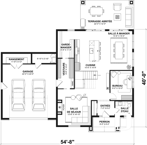 Rez-de-chaussée - Plan de maison de style Farmhouse moderne proposant 3 chambres plus bureau, foyer, garde-manger et plus! - Dumont 2