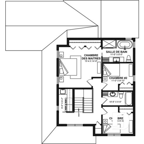 Étage - Plan de maison pour terrain en coin, 3 chambres, 2 salles de bain, vestiaire, garde-manger - Bellamy