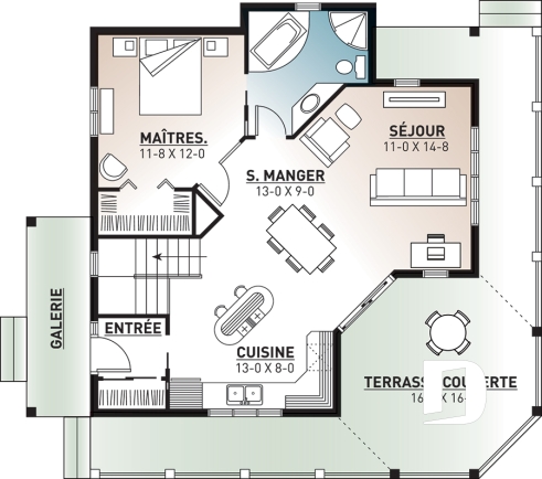 Rez-de-chaussée - Plan de chalet budgétaire, fenêtrage abondant, cuisine fonctionnelle avec îlot, espace ouvert - Terrasson 2