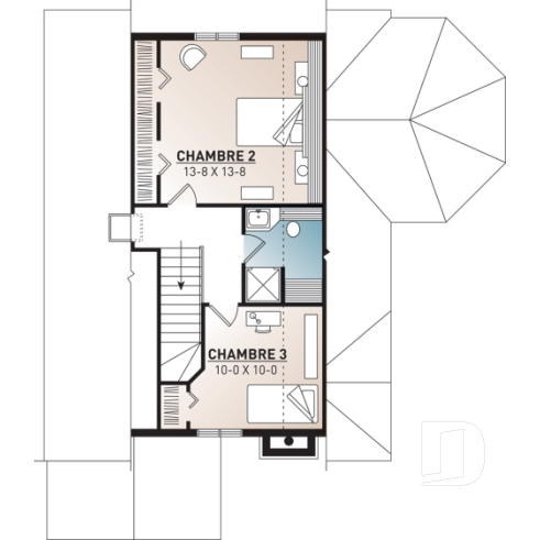Étage - Plan de maison style chalet, 3 chambres, 2 salles de bain, vestibule fermé, salle de séjour avec foyer - Pelican