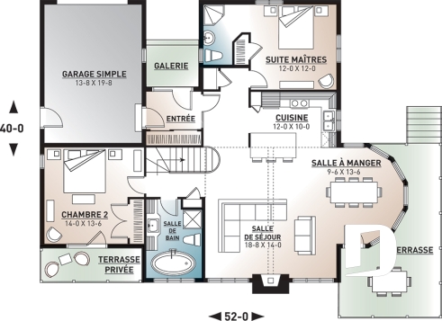 Rez-de-chaussée - Plan de maison genre chalet avec garage, 2 terrasses, 2 chambres, sous-sol en rez-de-jardin - Rockspring 2