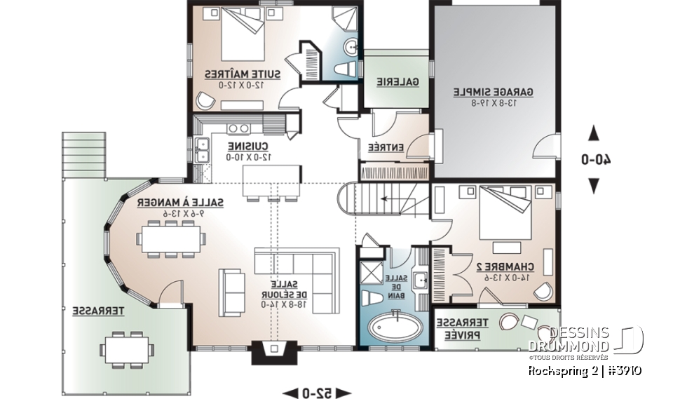 Rez-de-chaussée - Plan de maison genre chalet avec garage, 2 terrasses, 2 chambres, sous-sol en rez-de-jardin - Rockspring 2