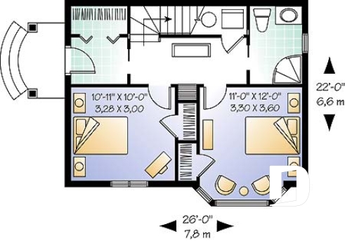 Rez-de-chaussée - Plan de chalet économique avec 2 chambres au r-d-c et espaces communs à l'étage, vue panoramique, foyer - Chamonix 2