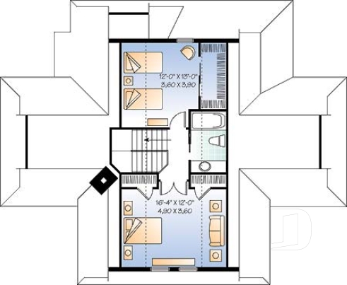 Étage - Plan de chalet avec grande terrasse, 3 chambres, chambre parents rdc, abri moustiquaire et foyer deux faces - Louisia