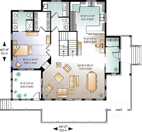 Rez-de-chaussée - Plan de chalet rustique au bord de l'eau, 3 chambres, garage sous la maison, coin bureau, mezzanine, solarium  - Louisia 3