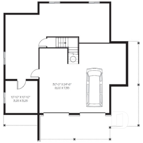 Sous-sol - Plan de chalet rustique au bord de l'eau, 3 chambres, garage sous la maison, coin bureau, mezzanine, solarium  - Louisia 3