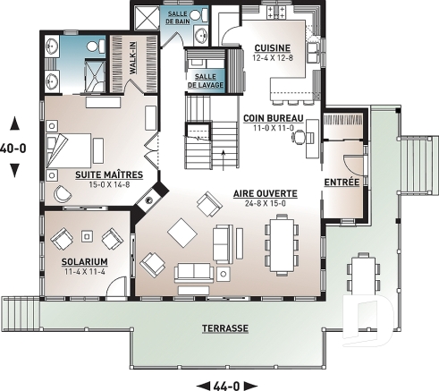 Rez-de-chaussée - Plan chalet en montagne ou bord de l'eau, 4 chambres, foyer double face, garage double, solarium  - Louisia 4