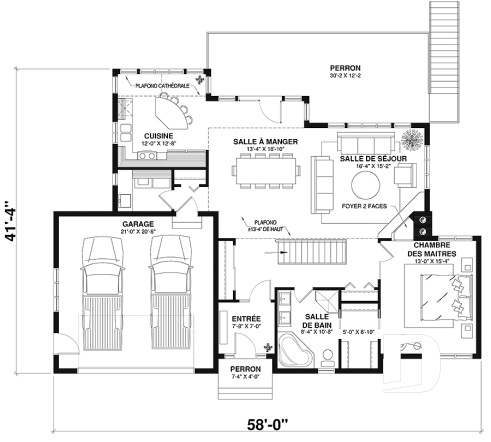 Rez-de-chaussée - Plan de maison genre chalet vue panoramique, 1 à 4+ chambres, 2 foyers, garage double, grande terrasse - Breguet 2