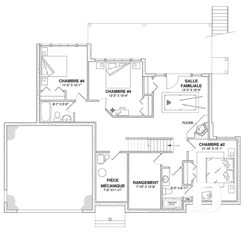 Sous-sol - Plan de maison genre chalet vue panoramique, 1 à 4+ chambres, 2 foyers, garage double, grande terrasse - Breguet 2
