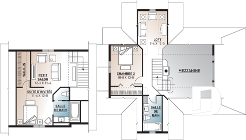 Étage - Plan de maison champêtre style chalet, garage double, 3 à 4 chambres, suite pour invités au-dessus du garage - Montcalm