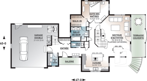 Rez-de-chaussée - Plan de maison champêtre style chalet, garage double, 3 à 4 chambres, suite pour invités au-dessus du garage - Montcalm