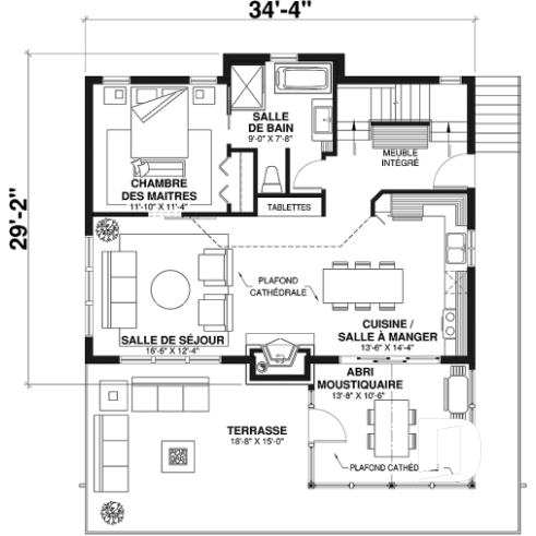 Rez-de-chaussée - Plan de chalet rustique, abri moustiquaire, 3 à 4 chambres, mezzanine, grande terrasse - Kaspard 2