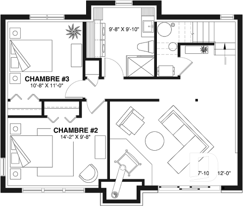 Sous-sol - Plan de chalet rustique, abri moustiquaire, 3 à 4 chambres, mezzanine, grande terrasse - Kaspard 2