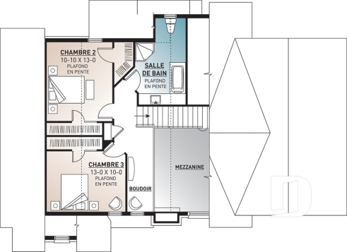 Étage - Plan de chalet rustique 3 chambres, garage, suite des parents au rez-de-chaussée, mezzanine - Naples