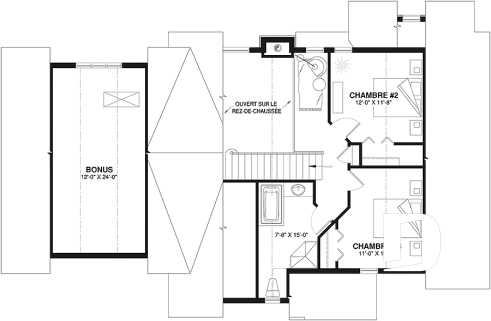 Étage - Plan de chalet champêtre rustique, 3 chambres, cuisine avec banquette, mezzanine, garage double avec rangement - Naples 2