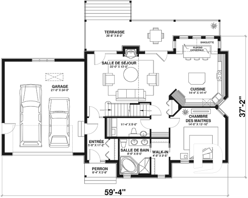 Rez-de-chaussée - Plan de chalet champêtre rustique, 3 chambres, cuisine avec banquette, mezzanine, garage double avec rangement - Naples 2
