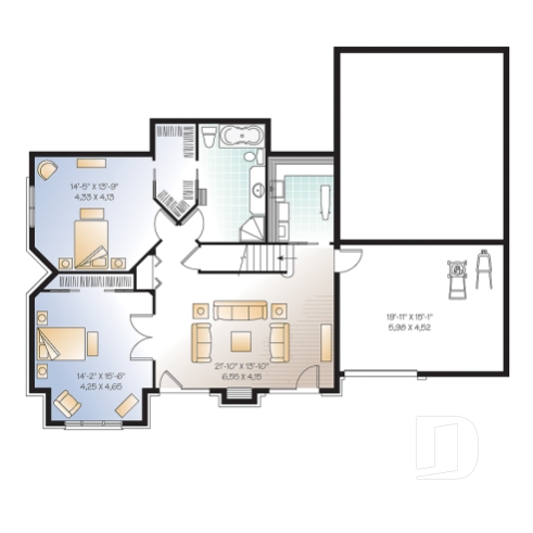 Sous-sol - Plan de chalet rustique, 4, 5 ou 6 chambres, 2 suites des maîtres avec salle de bain privée, rez-de-jardin - Lodge