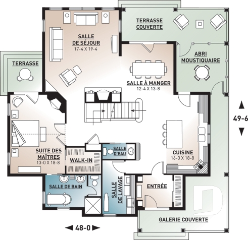 Rez-de-chaussée - Plan de Chalet ou Maison champêtre 4 chambres, chambre maître avec balcon privé, plafond à 9pi. au r-d-c - Midwest