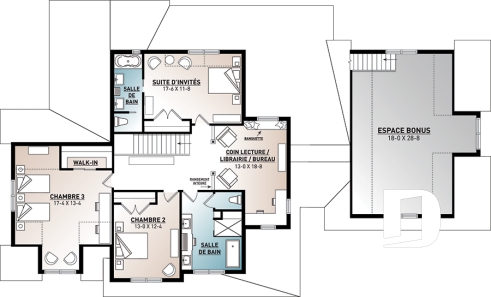 Étage - Plan de maison Farmhouse, 4 chambres, suite des maîtres au rdc, garde-manger, terrasse couverte, bibliothèque - Midwest 2