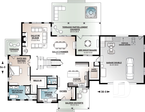 Rez-de-chaussée - Plan de maison Farmhouse, 4 chambres, suite des maîtres au rdc, garde-manger, terrasse couverte, bibliothèque - Midwest 2