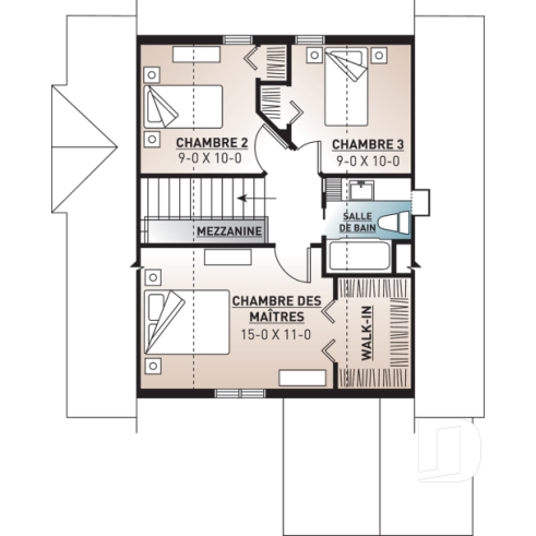 Étage - Plan de petit chalet (ski), rangement ski à l'entrée, 3 chambres, abri moustiquaire, îlot, 2 salles de bain - Rivendell
