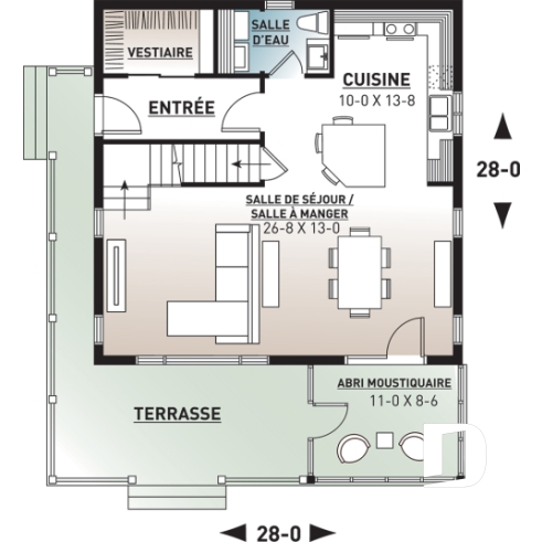 Rez-de-chaussée - Plan de petit chalet (ski), rangement ski à l'entrée, 3 chambres, abri moustiquaire, îlot, 2 salles de bain - Rivendell
