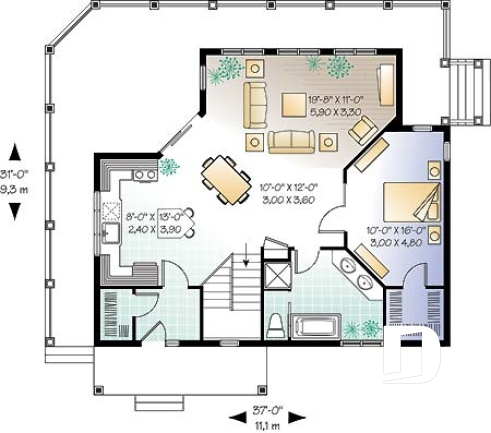 Rez-de-chaussée - Plan de maison genre chalet avec grande terrasse couverte, 3 chambres, plafond 9', grand salon,  - Terrasson 3