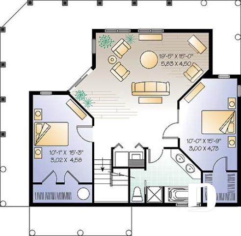 Sous-sol - Plan de maison genre chalet avec grande terrasse couverte, 3 chambres, plafond 9', grand salon,  - Terrasson 3