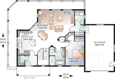 Rez-de-chaussée - Plan de chalet avec grande terrasse, 2 garages, 2 salons, 3 chambres, chambre des maîtres au r-d-c - Terrasson 4
