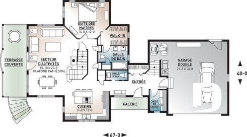 Rez-de-chaussée - Plan de chalet, 3 chambres, 3.5 salles de bain, suite pour invités au-dessus du garage double - Carnéade