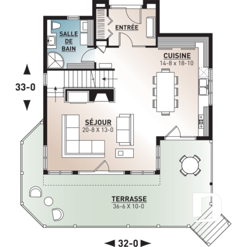 Rez-de-chaussée - Plan de maison bord de l'eau, 3 chambres avec espace ouvert offrant une vue panoramique - Aubervillier