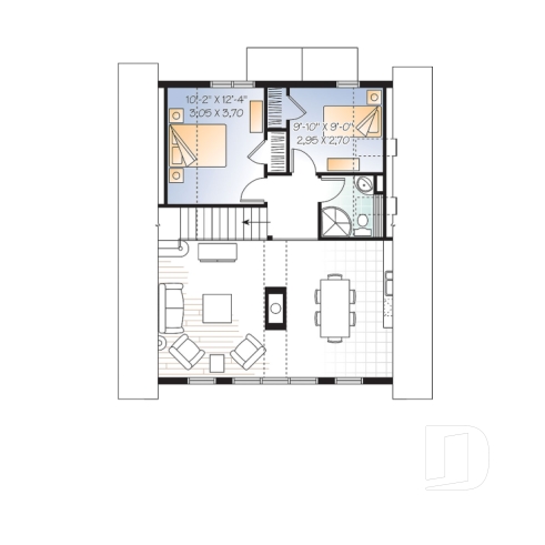 Étage - Plan de chalet rustique, vue panoramique, 3 chambres, 2 salles de bain, plafond cathédrale, foyer, mezzanine - Catalina 3