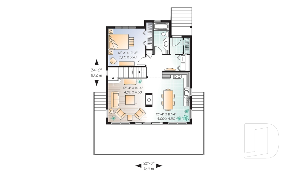 Rez-de-chaussée - Plan de chalet rustique, vue panoramique, 3 chambres, 2 salles de bain, plafond cathédrale, foyer, mezzanine - Catalina 3