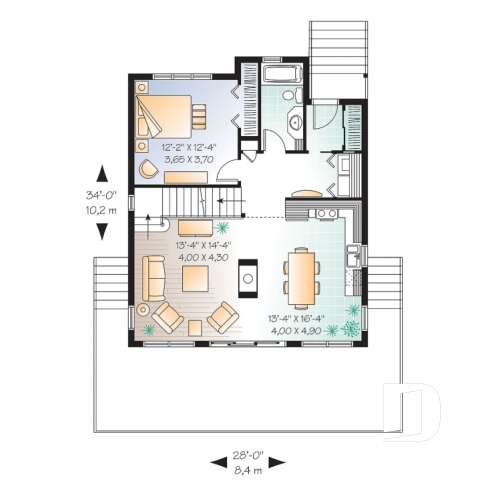 Rez-de-chaussée - Plan de chalet rustique, vue panoramique, 3 chambres, 2 salles de bain, plafond cathédrale, foyer, mezzanine - Catalina 3