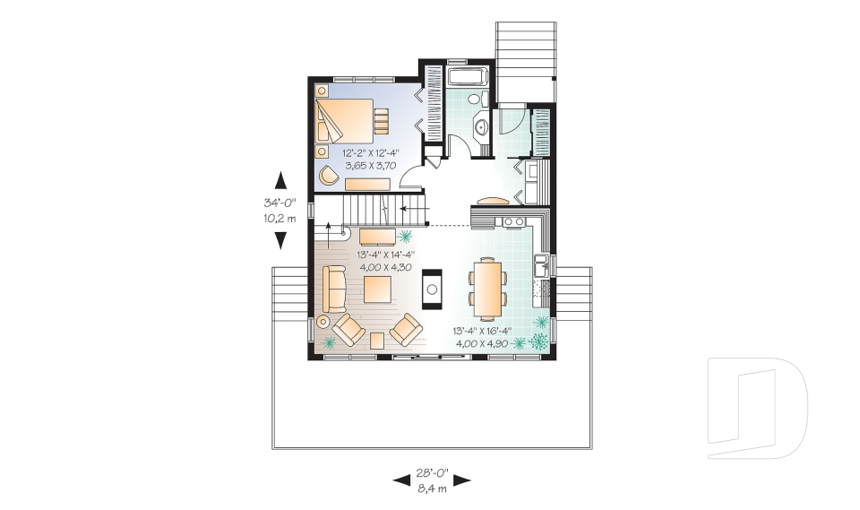 Rez-de-chaussée - Plan de chalet rustique, vue panoramique, 3 chambres, 2 salles de bain, plafond cathédrale, foyer, mezzanine - Catalina 3