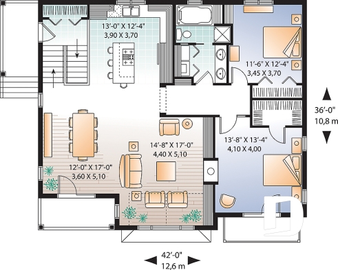 Rez-de-chaussée - Plan de chalet panoramique avec plancher inversé, garage double, 4 chambres, salle de jeux, foyer - Montalembert