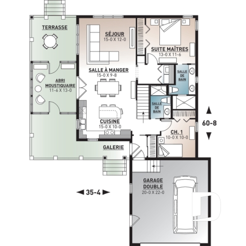 Rez-de-chaussée - Plan de chalet 2 chambres, garage double, terasse et abri moustiquaire, 2 salles de bain, buanderie au r-d-c - Pandora 2