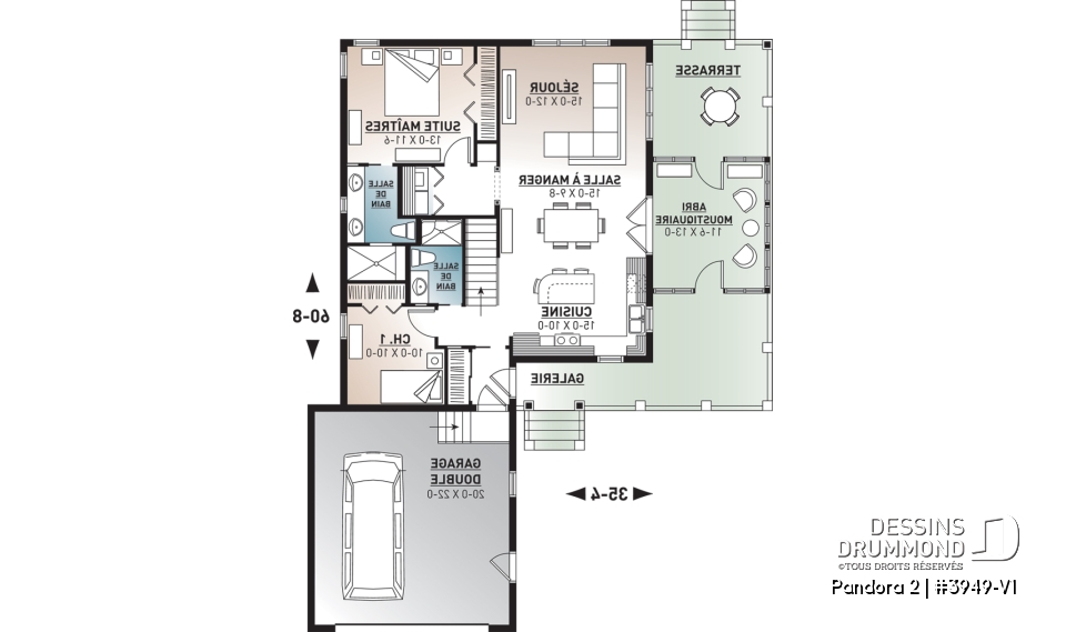Rez-de-chaussée - Plan de chalet 2 chambres, garage double, terasse et abri moustiquaire, 2 salles de bain, buanderie au r-d-c - Pandora 2