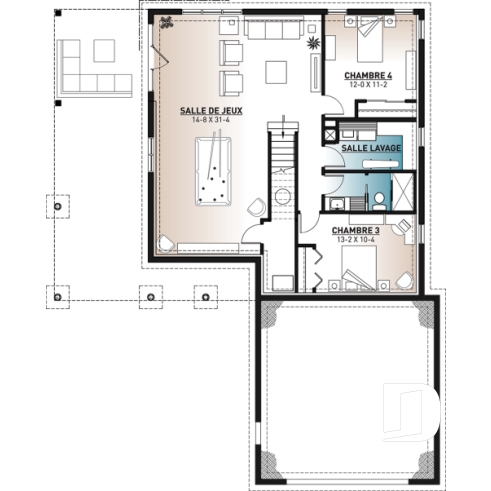 Sous-sol - Plan de plain-pied en rez-de-jardin, 4 chambres, salle de jeux, foyer, suite des parents, garage double - Pandora 3