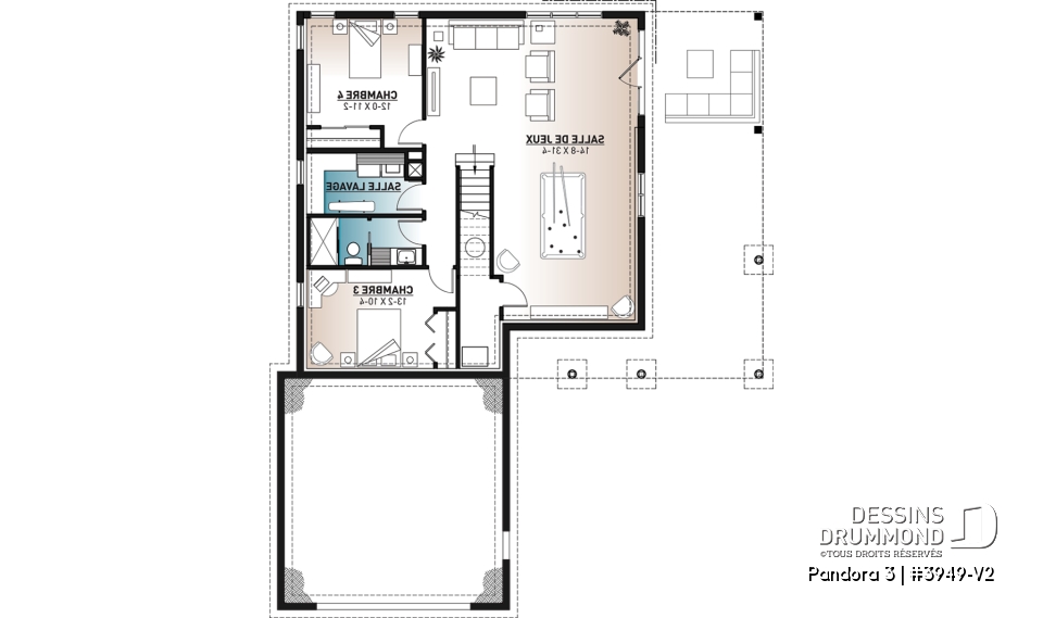 Sous-sol - Plan de plain-pied en rez-de-jardin, 4 chambres, salle de jeux, foyer, suite des parents, garage double - Pandora 3
