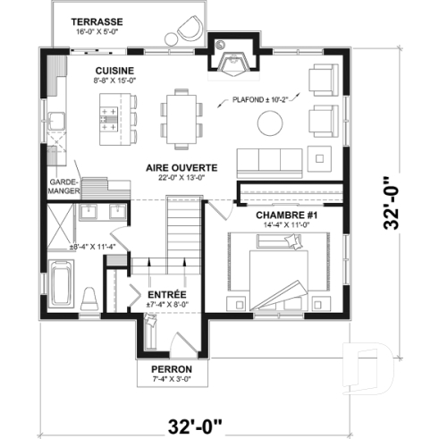 Rez-de-chaussée - Plan de chalet moderne rustique – plan lumineux avec foyer central, 3 chambres et sous-sol modulable - Lombard