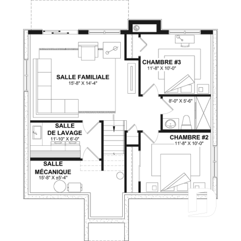 Sous-sol - Plan de chalet moderne rustique – plan lumineux avec foyer central, 3 chambres et sous-sol modulable - Lombard