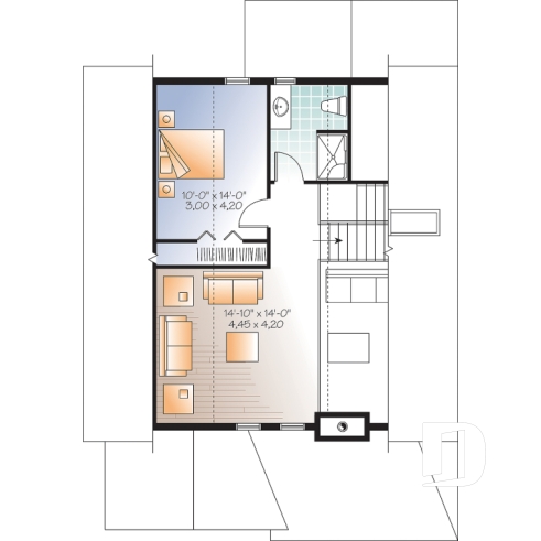 Étage - Plan de maison champêtre 2 à 3 chambres, superbe terrasse abritée, foyer, mezzanine, garde-manger - Bellevue