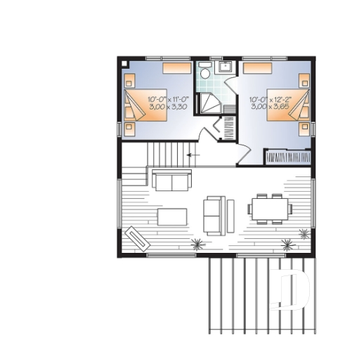 Étage - Chalet ou maison moderne, bon prix, espace ouvert, 2 chambres, balcon arrière semi-abrité - NOYO