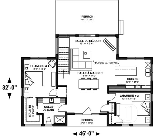 Rez-de-chaussée - Plan de petit chalet contemporain économique, aire ouverte, 2 chambres, plafond cathédral - Riviera