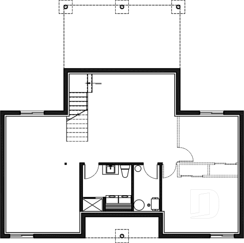 Sous-sol aménageable - Plan de petit chalet contemporain économique, aire ouverte, 2 chambres, plafond cathédral - Riviera