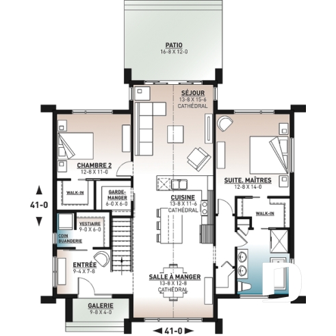 Rez-de-chaussée - Plan maison / chalet scandinave, cathédral, 2 chambres, immense cuisine, garde-manger et vue sur l'arrière - Tahoe