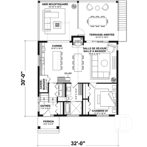 Rez-de-chaussée - Plan de chalet avec belles terrasses arrières et abri moustiquaire, fondation en rez-de-jardin - Happy Hour
