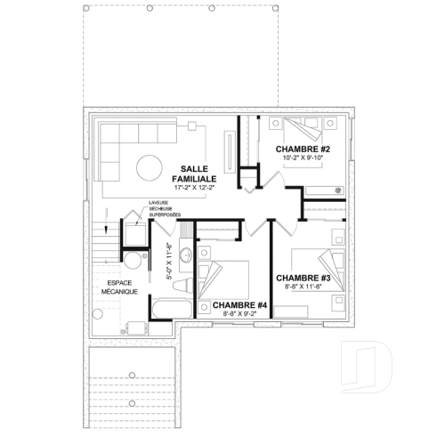 Sous-sol aménagé - Plan de maison moderne avec sous-sol aménagé pour un total de 4 chambres, 2 salons et 2.5 salles de bain - Boho
