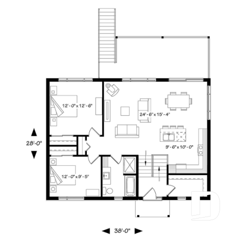 Rez-de-chaussée - Plan de chalet moderne, possibilité de 4 chambres, terrasse abritée, poêle à bois, vestiaire, rez-de-jardin - Calypso